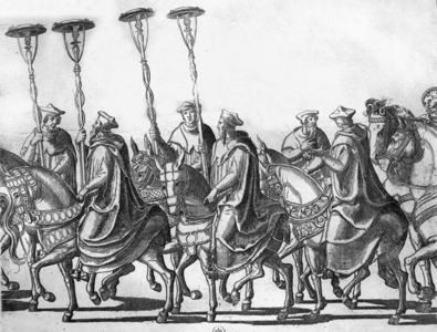 ecumenical council in Trente in 1545 (about the counter-reform) : members of the Council going to Trente, engraving