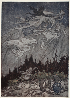 "The Kaatskill mountains had always been haunted by strange beings.",  from Rip Van Winkle by Washington Irving, pub. 1910 (colour litho)