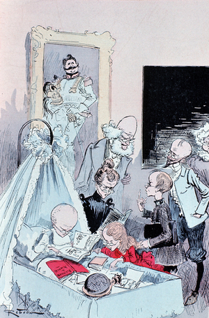 Evolution: anticipated result of selective breeding in Man. Paris, 1883 (engraving from Robida Le Vingtieme Siecle, which explores her vision of an intellectual family in the 1950s)