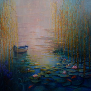 Sanctuary, 2018 (oil on canvas)willows, lake and water lilies, boat,