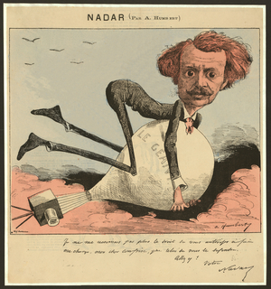 cartoon of Nadar and his hot balloon, c.1863 (coloured litho)