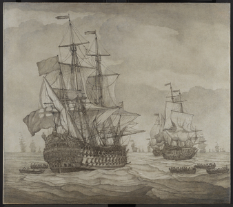 An English two-decker lying-to at sea in a moderate breeze, with boats pulling towards her (brush, pen & ink, & wash 'en grisaille' on canvas)