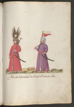 Two Turkish border soldiers with head decoration, battle axes, and sabres.