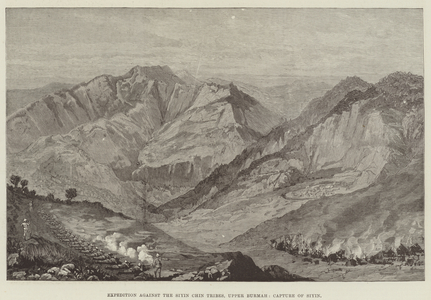 Expedition against the Siyin Chin Tribes, Upper Burmah, Capture of Siyin (engraving)