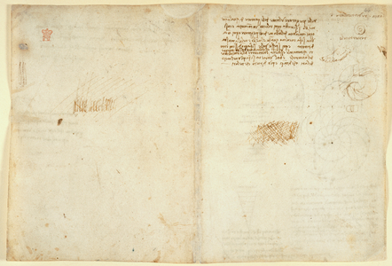 Arundel 263 f.59v, f.44v Note 'N.di P' ('Nulla di Pittura") written by Francesco Melzi and later crossed out; partial sketch of a pipe (?) from 'Codex Arundel' (pen & ink on paper)