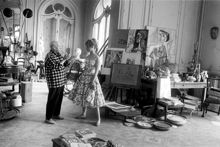 Brigitte Bardot and Pablo Picasso, Villa Californie, Cannes Film Festival, 1956 (b/w photo)