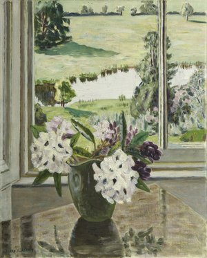 Rhododendron Flowers in a Vase with a View through a Window (oil on canvas)
