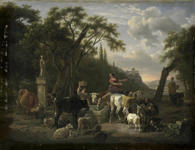 Italian Landscape with Shepherds and Animals at a Fountain, 1780-1810 (oil on canvas)