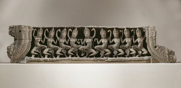 Lower register of a lintel, 9 apsaras, heavenly dancers in positions still typical of Khmer dancing today (sandstone)
