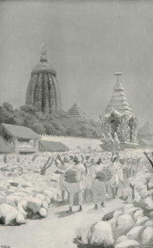 Worshippers Prostrating themeselves before the Famous Car at the festival of Jagannath (litho)