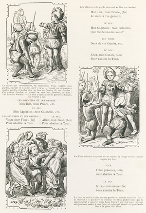 Three other scenes from “The tower, take care”, 1880 (engraving)
