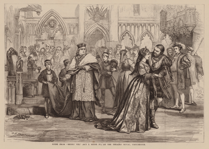 Scene from "Henry VIII" at the Theatre Royal, Manchester (engraving)