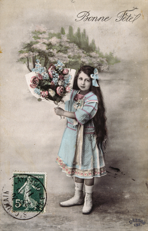 French postcard with images of a young girl with flowers, 1900