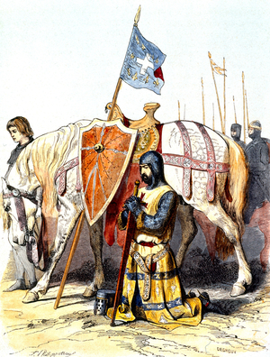 Knight Banneret during the second crusade inthe 13th century is an illustration by Felix Philippoteaux and Deghouy during the 19th century