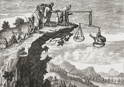 An unusual method of extorting confessions from criminals, after a 16th century drawing by Theodorus de Bry. The scene shows the criminal sitting in the scales of injustice whilst a priest leans over the precipice ready to receive his confession.  Presumably if he is thought to be lying he is tipped out of the scales. From The Strand Magazine published 1897.