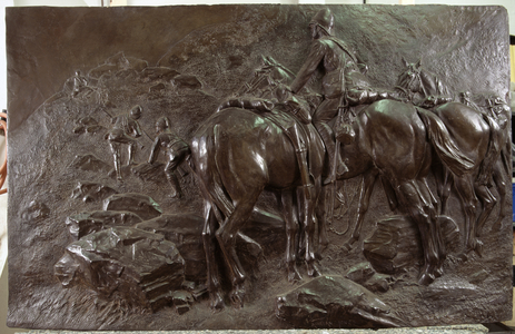 A scouting party of 6th Dragoon Guards (Carabiniers) on a kopje, c. 1905 (sculpture, low relief)