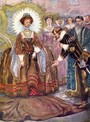 Sir Walter Raleigh throws his cloak before Elizabeth I