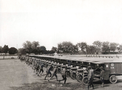 Ambulance drivers, mostly university students, in Allentown training camp responding to a "hurry call", first world war, photo NARA