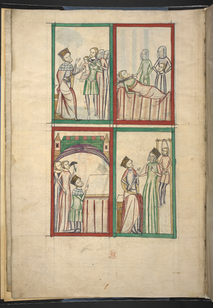 Four miniatures: 1. the Judgement of Solomon; 2. the building of the Temple; 3. Judith killing Holofernes; 4. Esther, Ahasuerus and the death of Haman