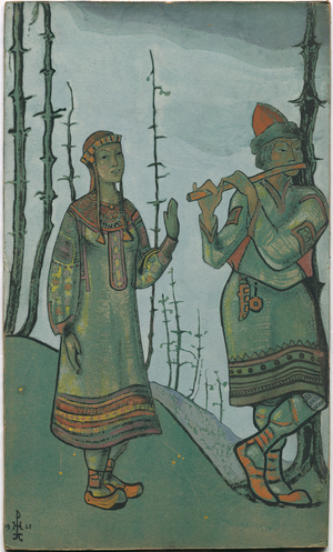 Snegurochka and Lel, costume design for Rimsky-Korsakov's opera 'Snegurochka', 1921 (tempera on cardboard)