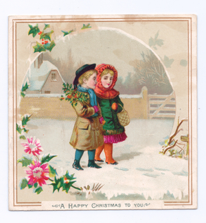 A Victorian Christmas card of a boy carrying holly and a girl carrying a basket walking through the snow, c.1880 (colour litho)