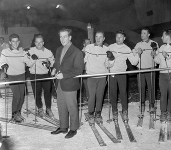 French skier Jean Vuarnet at opening of synthetic ski-run, Paris, November 26, 1960 (b/w photo)