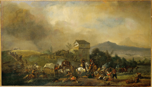 Attack on a line of coaches, c.1650 (painting on canvas)