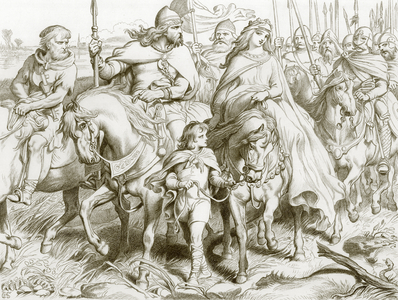 Hereward guards Alftruda to a place of safety (engraving)