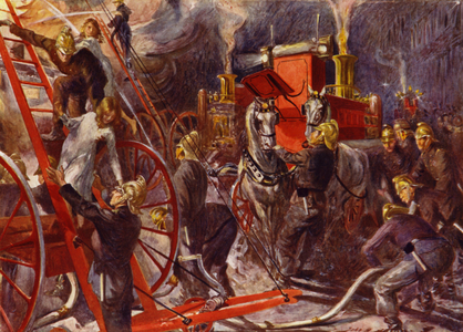 Fire brigade at work (colour litho)