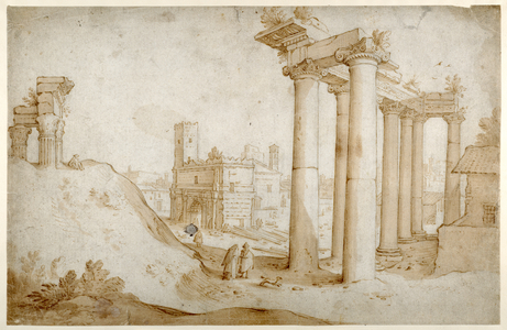 The Forum Romanum with the Temple of Titus and Vespasian, the Temple of Saturn and the Arch of Septimius Severus (Pen and brown ink with brown wash, on paper)