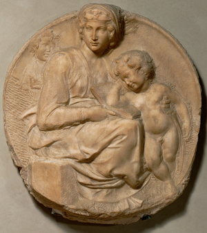 Saint Mary and child with young Saint John Baptist, " Tondo Pitti " (marble)
