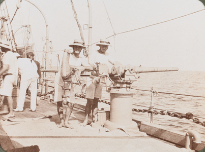 3-Pounder gun on board HMS Minto, c.1909 (b/w photo)