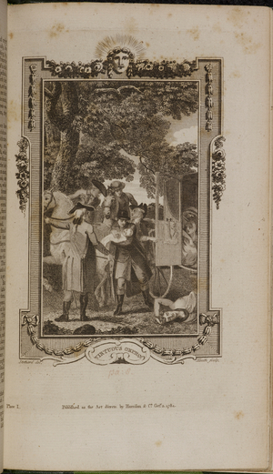 Man holding baby. A woman lying underneath a carriage and horses. Accident. Orphan tale of the life of Marianne an unnamed countess.