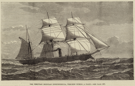 The Peruvian Ironclad Independencia, wrecked during a Fight (engraving)