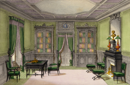 Interior showing furniture from a French periodical, 1950s (colour litho) 