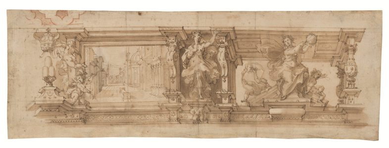 Design for a decorative frieze with the emblem of Pope Sixtus V, and allegorical figures including Astronomy, flanked by putti (recto) (chalk, pen, ink & wash on paper)