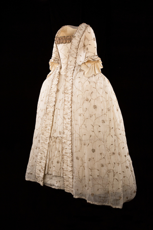 Muslin sack-back court dress, c.1780 (Indian cotton muslin embroidered with silver wire & silver strip, trimmed with silver lace & gimp)