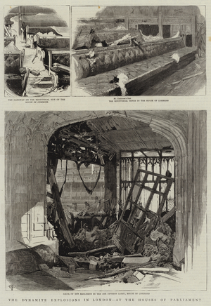 The Dynamite Explosions in London, at the Houses of Parliament (engraving)