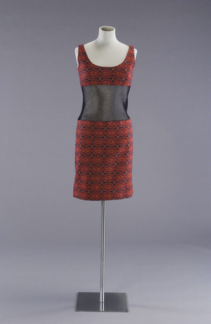 Printed shift dress called 'Casbah' with mesh midriff, designed by John Bates for Jean Varon, 1965 (textile)