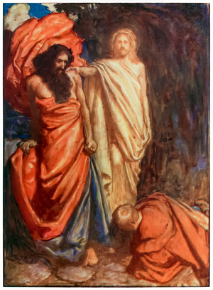 "Faithful struck down by Moses" from 'The Pilgrim's Progress From This World, To That Which Is To Come' by John Bunyan (1628-1688) Illustration by Byam Shaw (1872-1919) showing Faithful beaten by an unmerciful Moses, teaching him that the Law offers no help and that the flesh is weak.