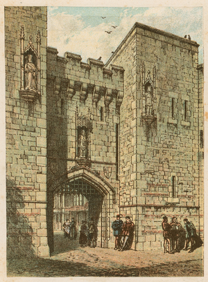 The International Health Exhibition at South Kensington, 1884: an old English gateway (colour litho)