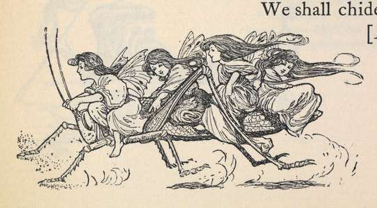A scene from a play by Shakespeare. Fairies riding a grasshopper.