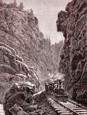 A train crossing Colorado mountains. U.S.A. in 1886 (engraving)