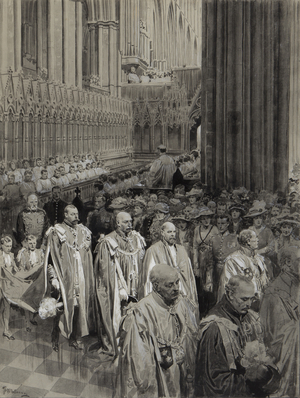 The Order of the Bath, George V at Westminster Abbey, for The Sphere, 26 July 1913 (brush, ink & gouache on paper)