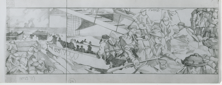 British and Canadian troops head for the beaches in their assault landing craft on June 6th (pencil on paper)