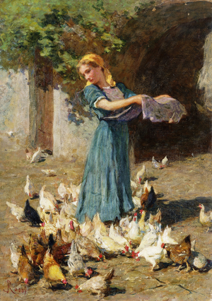 Feeding the Chickens, (oil on panel)