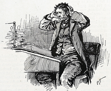 Bookkeeper or accountant struggling to complete accounts in a Victorian office, 1893