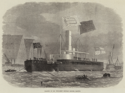 Floating of HM Twin-Screw Ironclad Monitor, Glatton (engraving)