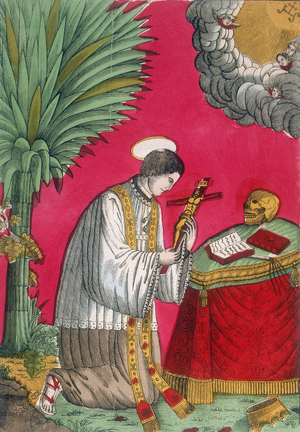 St. Louis of Gonzaga, the saint in priest's robes kneels before altar, contemplating a crucifix while a gap in the clouds allows a view of Heaven with the letters (1HS) symbolising Christ. 19th (french woodcut)