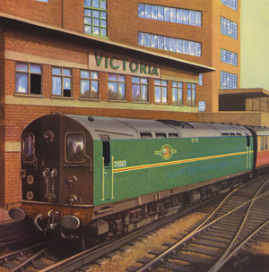 Boat train leaving London Victoria for Newhaven, Sussex (colour litho)